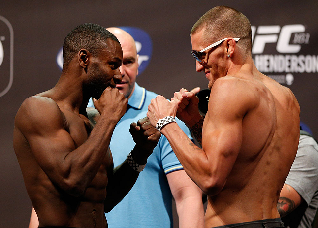 WINNIPEG, CANADA - JUNE 14: (L-R) Opponents Yves Jabouin and Dustin Pague face off during the UFC 161 weigh-in at the MTS Centre on June 14, 2013 in Winnipeg, Manitoba, Canada. (Photo by Josh Hedges/Zuffa LLC/Zuffa LLC via Getty Images)