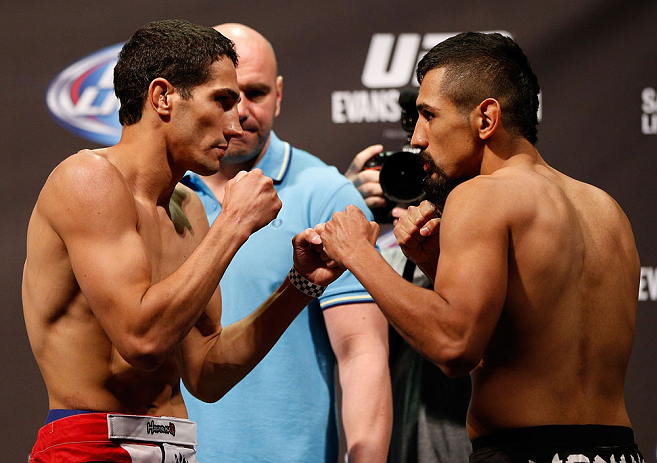 WINNIPEG, CANADA - JUNE 14: (L-R) Opponents Roland Delorme and Edwin Figueroa face off during the UFC 161 weigh-in at the MTS Centre on June 14, 2013 in Winnipeg, Manitoba, Canada. (Photo by Josh Hedges/Zuffa LLC/Zuffa LLC via Getty Images)