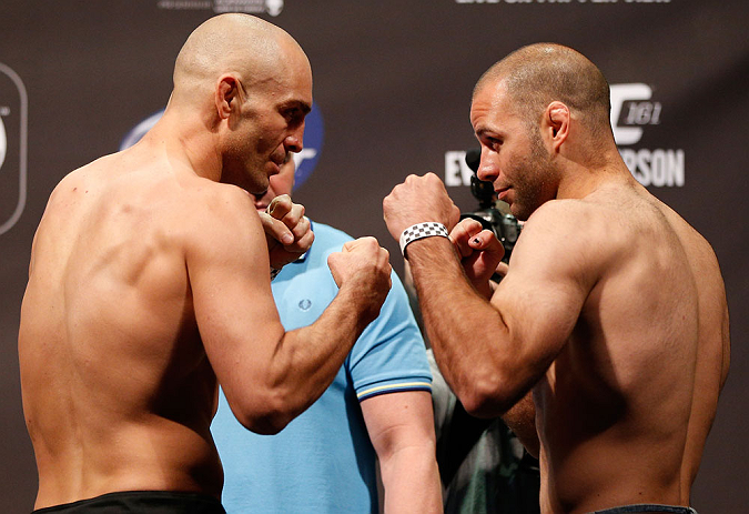 WINNIPEG, CANADA - JUNE 14: (L-R) Opponents Sean Pierson and Kenny Robertson face off during the UFC 161 weigh-in at the MTS Centre on June 14, 2013 in Winnipeg, Manitoba, Canada. (Photo by Josh Hedges/Zuffa LLC/Zuffa LLC via Getty Images)