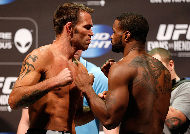 WINNIPEG, CANADA - JUNE 14: (L-R) Opponents Jake Shields and Tyron Woodley face off during the UFC 161 weigh-in at the MTS Centre on June 14, 2013 in Winnipeg, Manitoba, Canada. (Photo by Josh Hedges/Zuffa LLC/Zuffa LLC via Getty Images)