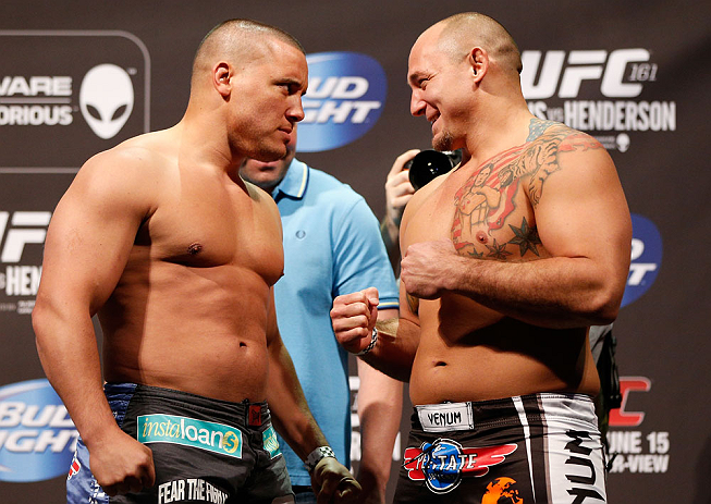 WINNIPEG, CANADA - JUNE 14: (L-R) Opponents Pat Barry and Shawn Jordan face off during the UFC 161 weigh-in at the MTS Centre on June 14, 2013 in Winnipeg, Manitoba, Canada. (Photo by Josh Hedges/Zuffa LLC/Zuffa LLC via Getty Images)