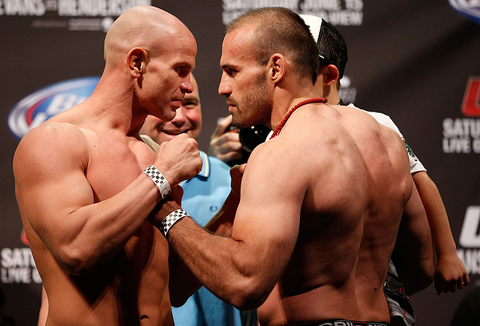WINNIPEG, CANADA - JUNE 14: (L-R) Opponents Ryan Jimmo and Igor Pokrajac face off during the UFC 161 weigh-in at the MTS Centre on June 14, 2013 in Winnipeg, Manitoba, Canada. (Photo by Josh Hedges/Zuffa LLC/Zuffa LLC via Getty Images)