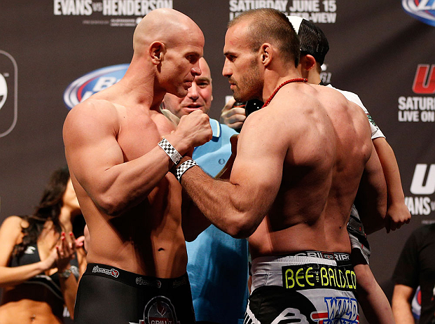 WINNIPEG, CANADA - JUNE 14: (L-R) Opponents Ryan Jimmo and Igor Pokrajac face off during the UFC 161 weigh-in at the MTS Centre on June 14, 2013 in Winnipeg, Manitoba, Canada. (Photo by Josh Hedges/Zuffa LLC/Zuffa LLC via Getty Images)