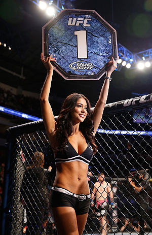 WINNIPEG, CANADA - JUNE 15: UFC Octagon Girl Arianny Celeste introduces a round during the UFC 161 event at the MTS Centre on June 15, 2013 in Winnipeg, Manitoba, Canada. (Photo by Josh Hedges/Zuffa LLC/Zuffa LLC via Getty Images)