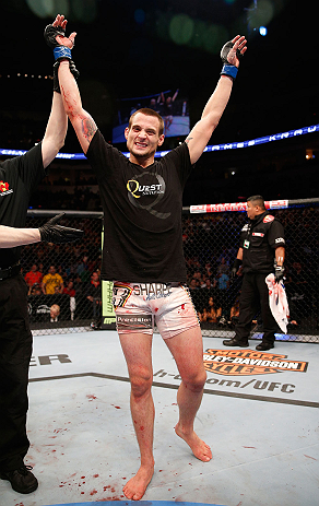 WINNIPEG, CANADA - JUNE 15: James Krause reacts after his submission victory over Sam Stout in their lightweight fight during the UFC 161 event at the MTS Centre on June 15, 2013 in Winnipeg, Manitoba, Canada. (Photo by Josh Hedges/Zuffa LLC/Zuffa LLC v