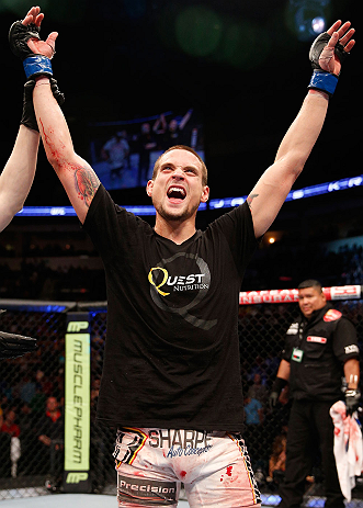 WINNIPEG, CANADA - JUNE 15: James Krause reacts after his submission victory over Sam Stout in their lightweight fight during the UFC 161 event at the MTS Centre on June 15, 2013 in Winnipeg, Manitoba, Canada. (Photo by Josh Hedges/Zuffa LLC/Zuffa LLC v