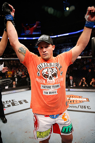 WINNIPEG, CANADA - JUNE 15: Shawn Jordan reacts after knocking out Pat Barry in their heavyweight fight during the UFC 161 event at the MTS Centre on June 15, 2013 in Winnipeg, Manitoba, Canada. (Photo by Josh Hedges/Zuffa LLC/Zuffa LLC via Getty Images