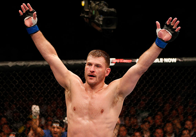 WINNIPEG, CANADA - JUNE 15: Stipe Miocic reacts after his victory over Roy Nelson in their heavyweight fight during the UFC 161 event at the MTS Centre on June 15, 2013 in Winnipeg, Manitoba, Canada. (Photo by Josh Hedges/Zuffa LLC/Zuffa LLC via Getty I