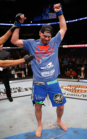 WINNIPEG, CANADA - JUNE 15: Stipe Miocic reacts after his victory over Roy Nelson in their heavyweight fight during the UFC 161 event at the MTS Centre on June 15, 2013 in Winnipeg, Manitoba, Canada. (Photo by Josh Hedges/Zuffa LLC/Zuffa LLC via Getty I