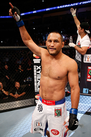 WINNIPEG, CANADA - JUNE 15: Dan Henderson is introduced before his light heavyweight fight against Rashad Evans during the UFC 161 event at the MTS Centre on June 15, 2013 in Winnipeg, Manitoba, Canada. (Photo by Josh Hedges/Zuffa LLC/Zuffa LLC via Gett