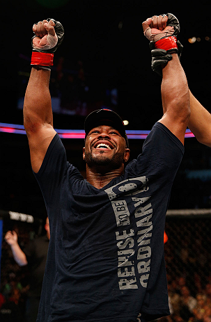 WINNIPEG, CANADA - JUNE 15: Rashad Evans reacts after his split decision victory over Dan Henderson in their light heavyweight fight during the UFC 161 event at the MTS Centre on June 15, 2013 in Winnipeg, Manitoba, Canada. (Photo by Josh Hedges/Zuffa L