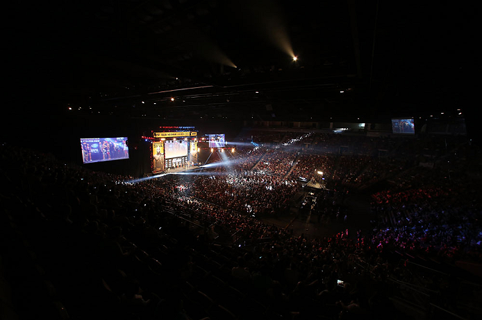 LAS VEGAS, NV - JULY 05: A general view of the arena as opponents Frankie Edgar and Charles Oliveira face off during the UFC 162 weigh-in at the Mandalay Bay Events Center on July 5, 2013 in Las Vegas, Nevada. (Photo by Josh Hedges/Zuffa LLC/Zuffa LLC v