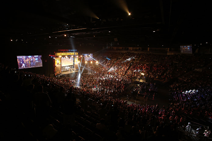 LAS VEGAS, NV - JULY 05: A general view of the arena as opponents Chris Weidman and Anderson Silva face off during the UFC 162 weigh-in at the Mandalay Bay Events Center on July 5, 2013 in Las Vegas, Nevada. (Photo by Josh Hedges/Zuffa LLC/Zuffa LLC via