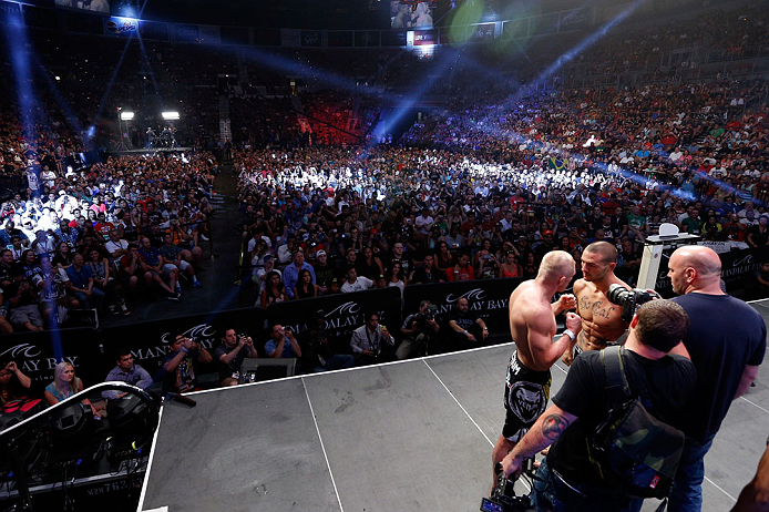 LAS VEGAS, NV - JULY 05: A general view of the arena as opponents Dennis Siver and Cub Swanson face off during the UFC 162 weigh-in at the Mandalay Bay Events Center on July 5, 2013 in Las Vegas, Nevada. (Photo by Josh Hedges/Zuffa LLC/Zuffa LLC via Get