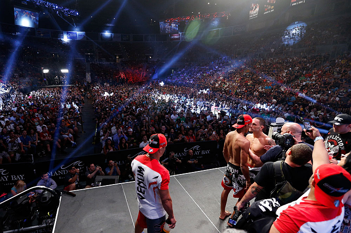 LAS VEGAS, NV - JULY 05: A general view of the arena as opponents Charles Oliveira and Frankie Edgar face off during the UFC 162 weigh-in at the Mandalay Bay Events Center on July 5, 2013 in Las Vegas, Nevada. (Photo by Josh Hedges/Zuffa LLC/Zuffa LLC v