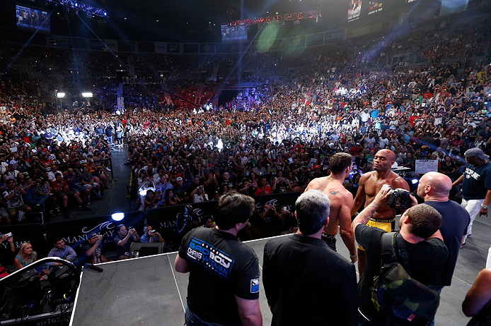 LAS VEGAS, NV - JULY 05: A general view of the arena as opponents Anderson Silva and Chris Weidman face off during the UFC 162 weigh-in at the Mandalay Bay Events Center on July 5, 2013 in Las Vegas, Nevada. (Photo by Josh Hedges/Zuffa LLC/Zuffa LLC via