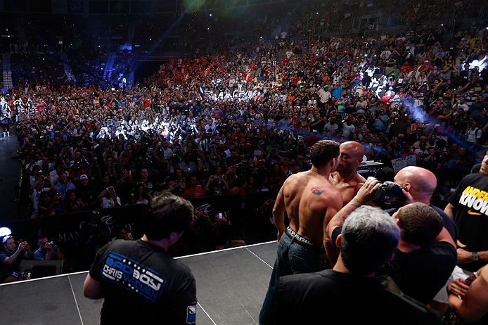 LAS VEGAS, NV - JULY 05: A general view of the arena as opponents Anderson Silva and Chris Weidman face off during the UFC 162 weigh-in at the Mandalay Bay Events Center on July 5, 2013 in Las Vegas, Nevada. (Photo by Josh Hedges/Zuffa LLC/Zuffa LLC via