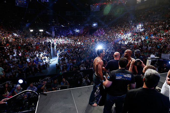 LAS VEGAS, NV - JULY 05: A general view of the arena as opponents Anderson Silva and Chris Weidman face off during the UFC 162 weigh-in at the Mandalay Bay Events Center on July 5, 2013 in Las Vegas, Nevada. (Photo by Josh Hedges/Zuffa LLC/Zuffa LLC via
