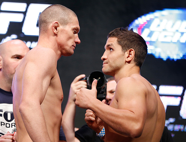 LAS VEGAS, NV - JULY 05: (L-R) Opponents Seth Baczynski and Brian Melancon face off during the UFC 162 weigh-in at the Mandalay Bay Events Center on July 5, 2013 in Las Vegas, Nevada. (Photo by Josh Hedges/Zuffa LLC/Zuffa LLC via Getty Images)