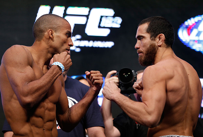 LAS VEGAS, NV - JULY 05: (L-R) Opponents Edson Barboza and Rafaello Oliveira face off during the UFC 162 weigh-in at the Mandalay Bay Events Center on July 5, 2013 in Las Vegas, Nevada. (Photo by Josh Hedges/Zuffa LLC/Zuffa LLC via Getty Images)