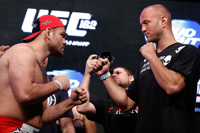LAS VEGAS, NV - JULY 05: (L-R) Opponents Gabriel Gonzaga and Dave Herman face off during the UFC 162 weigh-in at the Mandalay Bay Events Center on July 5, 2013 in Las Vegas, Nevada. (Photo by Josh Hedges/Zuffa LLC/Zuffa LLC via Getty Images)