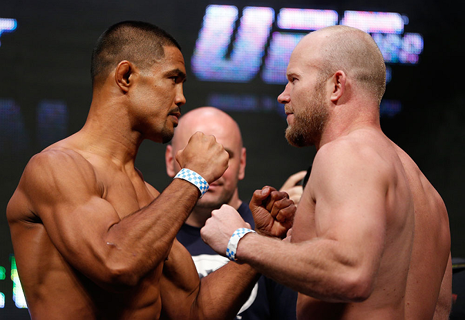 LAS VEGAS, NV - JULY 05: (L-R) Opponents Mark Munoz and Tim Boetsch face off during the UFC 162 weigh-in at the Mandalay Bay Events Center on July 5, 2013 in Las Vegas, Nevada. (Photo by Josh Hedges/Zuffa LLC/Zuffa LLC via Getty Images)