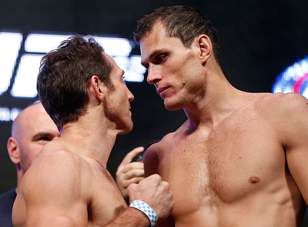 LAS VEGAS, NV - JULY 05: (L-R) Opponents Tim Kennedy and Roger Gracie face off during the UFC 162 weigh-in at the Mandalay Bay Events Center on July 5, 2013 in Las Vegas, Nevada. (Photo by Josh Hedges/Zuffa LLC/Zuffa LLC via Getty Images)
