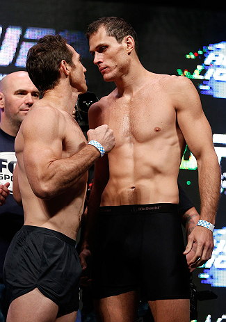LAS VEGAS, NV - JULY 05: (L-R) Opponents Tim Kennedy and Roger Gracie face off during the UFC 162 weigh-in at the Mandalay Bay Events Center on July 5, 2013 in Las Vegas, Nevada. (Photo by Josh Hedges/Zuffa LLC/Zuffa LLC via Getty Images)