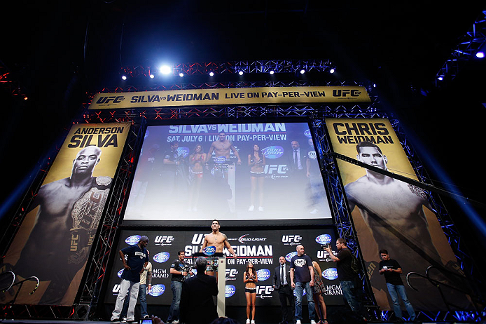 LAS VEGAS, NV - JULY 05: Chris Weidman weighs in during the UFC 162 weigh-in at the Mandalay Bay Events Center on July 5, 2013 in Las Vegas, Nevada. (Photo by Josh Hedges/Zuffa LLC/Zuffa LLC via Getty Images)
