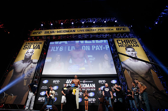 LAS VEGAS, NV - JULY 05: Anderson Silva weighs in during the UFC 162 weigh-in at the Mandalay Bay Events Center on July 5, 2013 in Las Vegas, Nevada. (Photo by Josh Hedges/Zuffa LLC/Zuffa LLC via Getty Images)