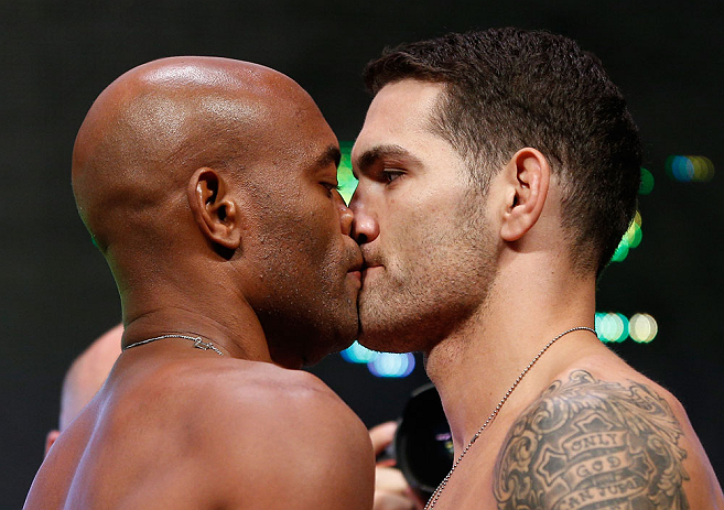 LAS VEGAS, NV - JULY 05: (L-R) Opponents Anderson Silva and Chris Weidman face off during the UFC 162 weigh-in at the Mandalay Bay Events Center on July 5, 2013 in Las Vegas, Nevada. (Photo by Josh Hedges/Zuffa LLC/Zuffa LLC via Getty Images)
