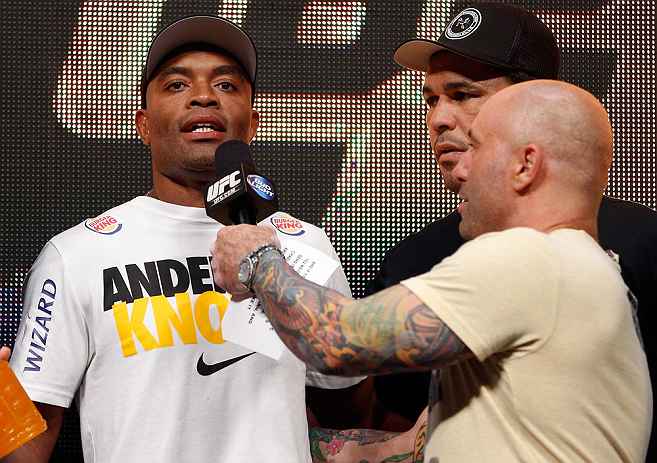 LAS VEGAS, NV - JULY 05: (L-R) Anderson Silva is interviewed by Joe Rogan after weighing in during the UFC 162 weigh-in at the Mandalay Bay Events Center on July 5, 2013 in Las Vegas, Nevada. (Photo by Josh Hedges/Zuffa LLC/Zuffa LLC via Getty Images)