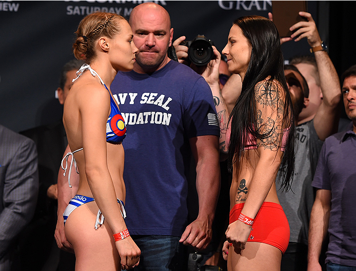 LAS VEGAS, NV - MAY 22: (L-R) Opponents Rose Namajunas and Nina Ansaroff face off during the UFC 187 weigh-in at the MGM Grand Conference Center on May 22, 2015 in Las Vegas, Nevada. (Photo by Josh Hedges/Zuffa LLC/Zuffa LLC via Getty Images)