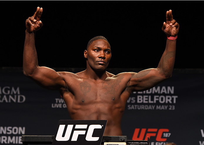 LAS VEGAS, NV - MAY 22: Anthony 'Rumble' Johnson weighs in during the UFC 187 weigh-in at the MGM Grand Conference Center on May 2, 2015 in Las Vegas, Nevada. (Photo by Josh Hedges/Zuffa LLC/Zuffa LLC via Getty Images)