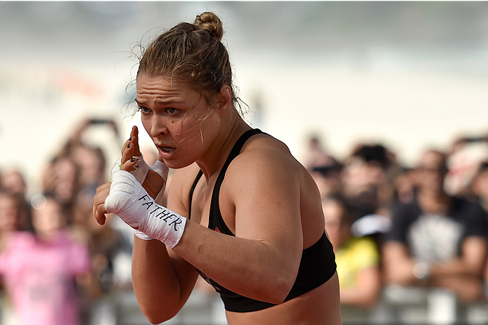 RIO DE JANEIRO, BRAZIL - JULY 29: Womens bantamweight champion Ronda Rousey of the United States holds an open training session at Pepe Beach on July 29, 2015 in Rio de Janeiro, Brazil. (Photo by Buda Mendes/Zuffa LLC/Zuffa LLC via Getty Images)