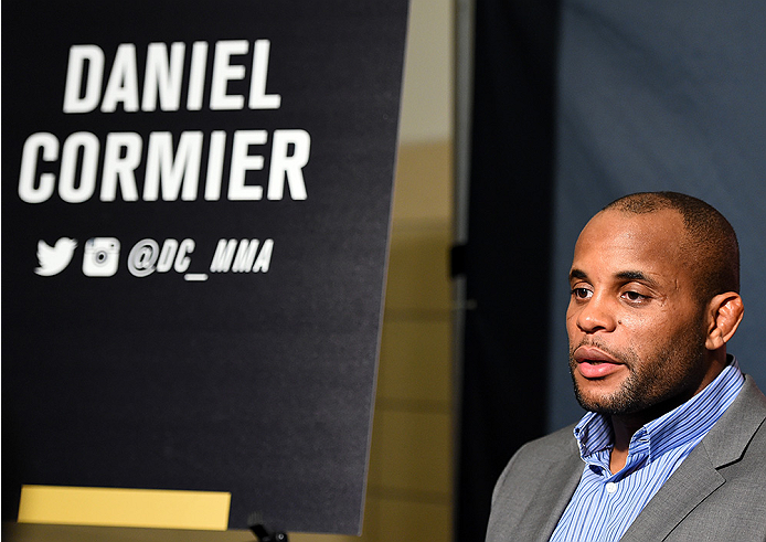 HOUSTON, TX - OCTOBER 01: UFC light heavyweight champion Daniel Cormier interacts with media during the UFC 192 Ultimate Media Day at the Toyota Center on October 1, 2015 in Houston, Texas. (Photo by Josh Hedges/Zuffa LLC/Zuffa LLC via Getty Images)