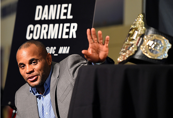 HOUSTON, TX - OCTOBER 01: UFC light heavyweight champion Daniel Cormier interacts with media during the UFC 192 Ultimate Media Day at the Toyota Center on October 1, 2015 in Houston, Texas. (Photo by Josh Hedges/Zuffa LLC/Zuffa LLC via Getty Images)
