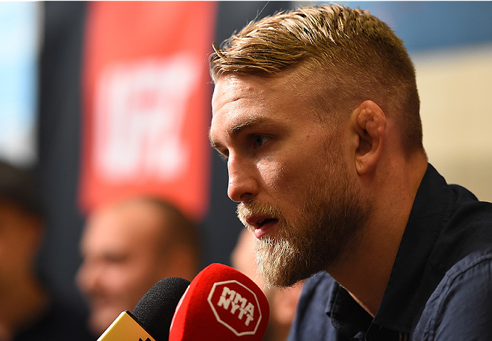 HOUSTON, TX - OCTOBER 01: Alexander Gustafsson of Sweden interacts with media during the UFC 192 Ultimate Media Day at the Toyota Center on October 1, 2015 in Houston, Texas. (Photo by Josh Hedges/Zuffa LLC/Zuffa LLC via Getty Images)