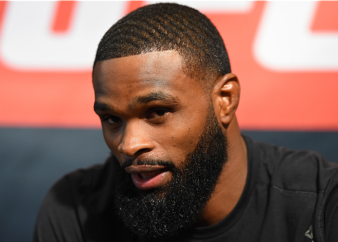 HOUSTON, TX - OCTOBER 01: Tyron Woodley interacts with media during the UFC 192 Ultimate Media Day at the Toyota Center on October 1, 2015 in Houston, Texas. (Photo by Josh Hedges/Zuffa LLC/Zuffa LLC via Getty Images)