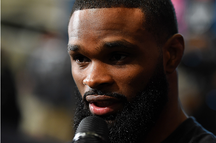HOUSTON, TX - OCTOBER 01: Tyron Woodley interacts with media during the UFC 192 Ultimate Media Day at the Toyota Center on October 1, 2015 in Houston, Texas. (Photo by Josh Hedges/Zuffa LLC/Zuffa LLC via Getty Images)