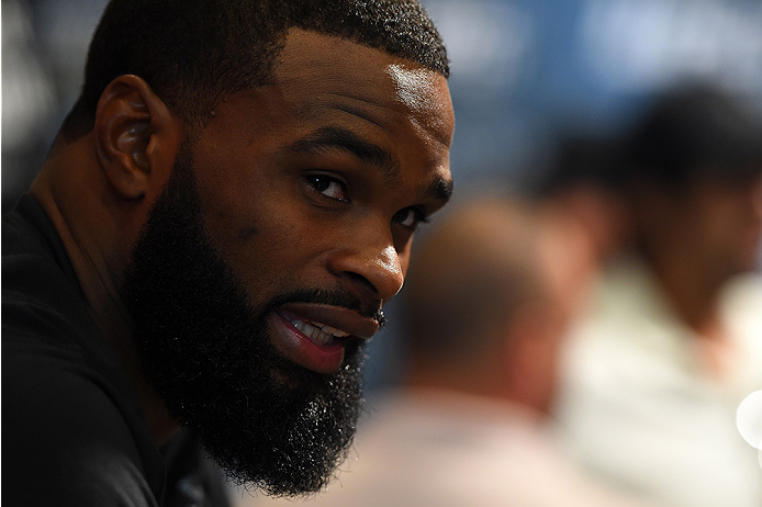 HOUSTON, TX - OCTOBER 01: Tyron Woodley interacts with media during the UFC 192 Ultimate Media Day at the Toyota Center on October 1, 2015 in Houston, Texas. (Photo by Josh Hedges/Zuffa LLC/Zuffa LLC via Getty Images)