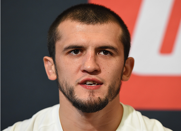HOUSTON, TX - OCTOBER 01: Albert Tumenov of Russia interacts with media during the UFC 192 Ultimate Media Day at the Toyota Center on October 1, 2015 in Houston, Texas. (Photo by Josh Hedges/Zuffa LLC/Zuffa LLC via Getty Images)