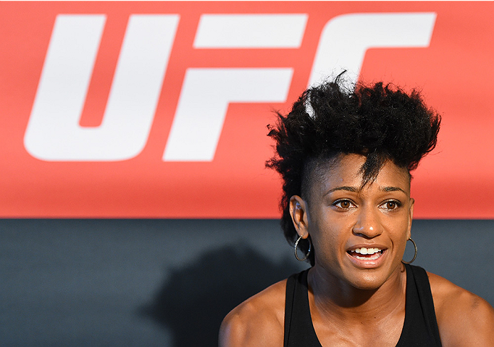 HOUSTON, TX - OCTOBER 01: Angela Hill interacts with media during the UFC 192 Ultimate Media Day at the Toyota Center on October 1, 2015 in Houston, Texas. (Photo by Josh Hedges/Zuffa LLC/Zuffa LLC via Getty Images)