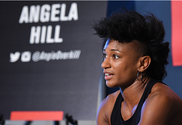 HOUSTON, TX - OCTOBER 01: Angela Hill interacts with media during the UFC 192 Ultimate Media Day at the Toyota Center on October 1, 2015 in Houston, Texas. (Photo by Josh Hedges/Zuffa LLC/Zuffa LLC via Getty Images)