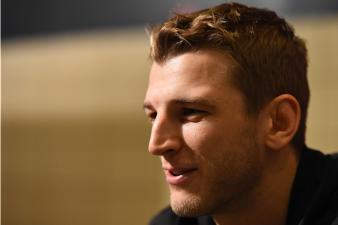 HOUSTON, TX - OCTOBER 01: Dan Hooker of New Zealand interacts with media during the UFC 192 Ultimate Media Day at the Toyota Center on October 1, 2015 in Houston, Texas. (Photo by Josh Hedges/Zuffa LLC/Zuffa LLC via Getty Images)