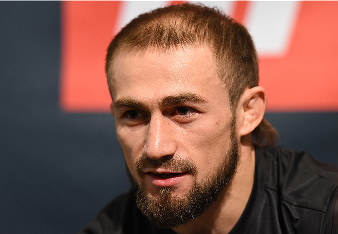 HOUSTON, TX - OCTOBER 01: Ali Bagautinov of Russia interacts with media during the UFC 192 Ultimate Media Day at the Toyota Center on October 1, 2015 in Houston, Texas. (Photo by Josh Hedges/Zuffa LLC/Zuffa LLC via Getty Images)