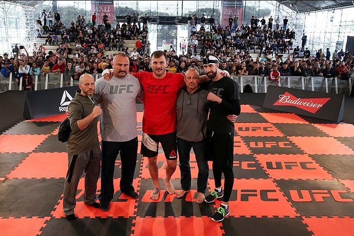 RIO DE JANEIRO, BRAZIL - MAY 11: Heavyweight contender Stipe Miocic (C) of the United States poses for a photo with his teammates after an open training session at Arena da Baixada stadium on May 11, 2016 in Curitiba, Brazil. (Photo by Buda Mendes/Zuffa L