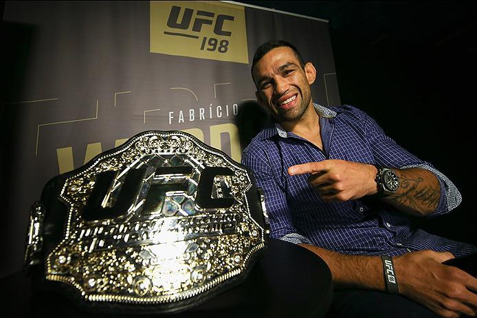 CURITIBA, BRAZIL - MAY 12: Heavyweight champion Fabricio Werdum of Brazil speaks to the media during Ultimate Media Day at Arena da Baixada stadium on May 12, 2016 in Curitiba, Parana, Brazil. (Photo by Buda Mendes/Zuffa LLC/Zuffa LLC via Getty Images)