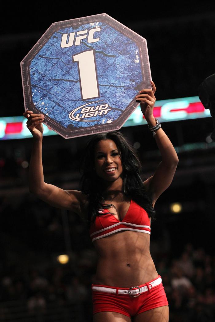 CHICAGO, IL - JANUARY 28: UFC Octagon Girl Chandella Powell introduces round 1 before the Johnson vs Roller bout during the UFC on FOX event at United Center on January 28, 2012 in Chicago, Illinois. (Photo by Nick Laham/Zuffa LLC/Zuffa LLC via Getty Im