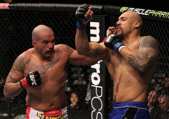 CHICAGO, IL - JANUARY 28: (L-R) Joey Beltran and Lavar Johnson trade punches during the UFC on FOX event at United Center on January 28, 2012 in Chicago, Illinois. (Photo by Nick Laham/Zuffa LLC/Zuffa LLC via Getty Images) *** Local Caption *** Lavar Jo